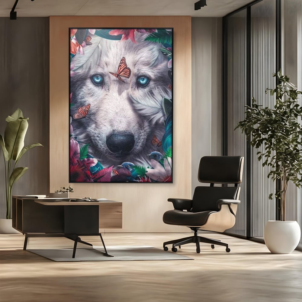 Tablou Canvas Premium, LuxCanva® M1465, Magia Padurii, Lup, Ochi, Privire, Fluturi, Pasari, Flori, Basm, Poveste, Arcada, Armonie, Emotie, Lumina, Birou, Living, Camera Copil