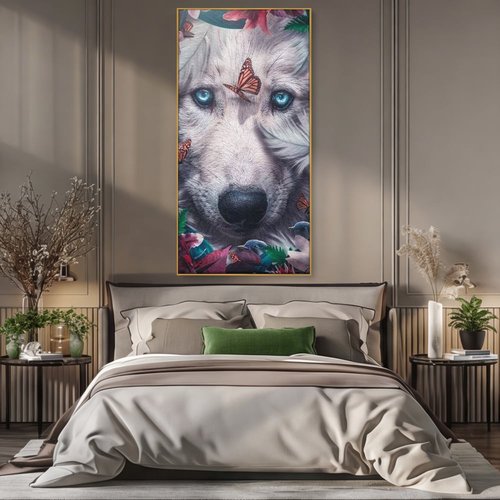 Tablou Canvas Premium, LuxCanva® M1465, Magia Padurii, Lup, Ochi, Privire, Fluturi, Pasari, Flori, Basm, Poveste, Arcada, Armonie, Emotie, Lumina, Birou, Living, Camera Copil