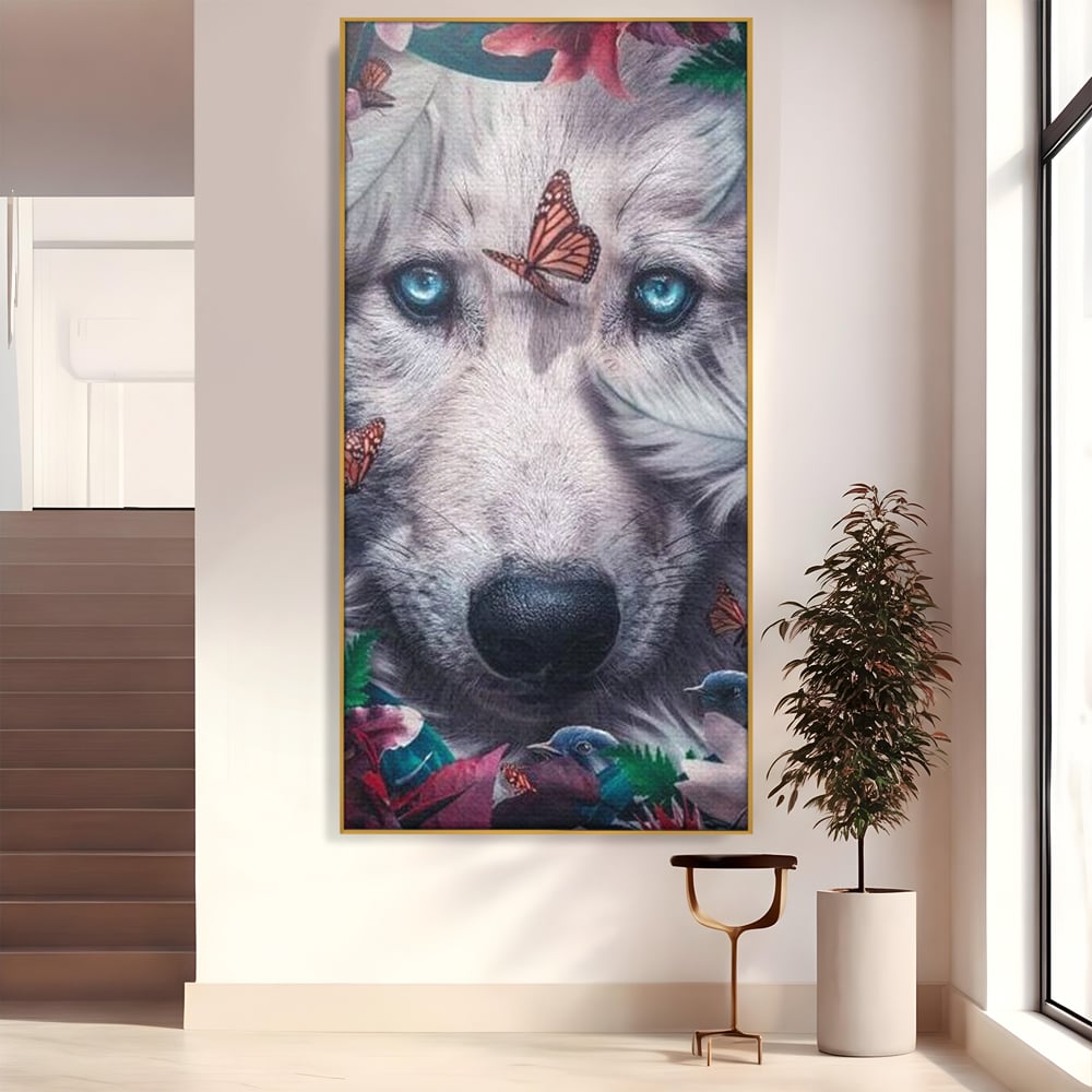Tablou Canvas Premium, LuxCanva® M1465, Magia Padurii, Lup, Ochi, Privire, Fluturi, Pasari, Flori, Basm, Poveste, Arcada, Armonie, Emotie, Lumina, Birou, Living, Camera Copil