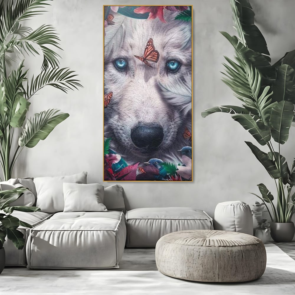 Tablou Canvas Premium, LuxCanva® M1465, Magia Padurii, Lup, Ochi, Privire, Fluturi, Pasari, Flori, Basm, Poveste, Arcada, Armonie, Emotie, Lumina, Birou, Living, Camera Copil