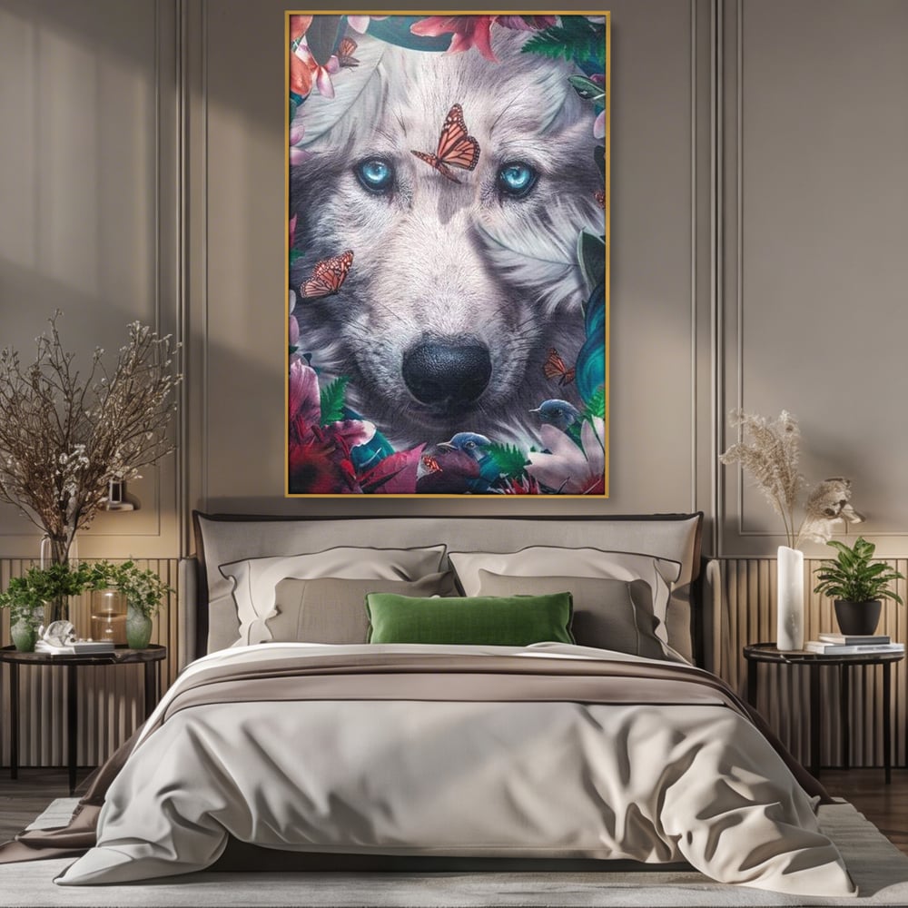 Tablou Canvas Premium, LuxCanva® M1465, Magia Padurii, Lup, Ochi, Privire, Fluturi, Pasari, Flori, Basm, Poveste, Arcada, Armonie, Emotie, Lumina, Birou, Living, Camera Copil