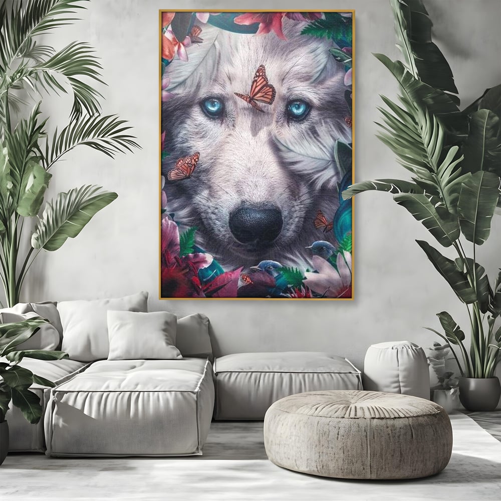 Tablou Canvas Premium, LuxCanva® M1465, Magia Padurii, Lup, Ochi, Privire, Fluturi, Pasari, Flori, Basm, Poveste, Arcada, Armonie, Emotie, Lumina, Birou, Living, Camera Copil