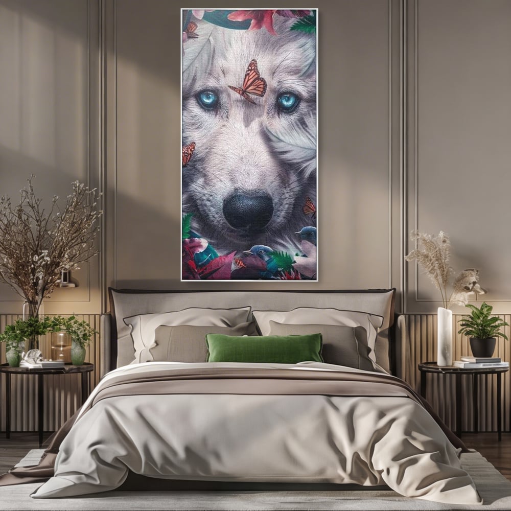 Tablou Canvas Premium, LuxCanva® M1465, Magia Padurii, Lup, Ochi, Privire, Fluturi, Pasari, Flori, Basm, Poveste, Arcada, Armonie, Emotie, Lumina, Birou, Living, Camera Copil