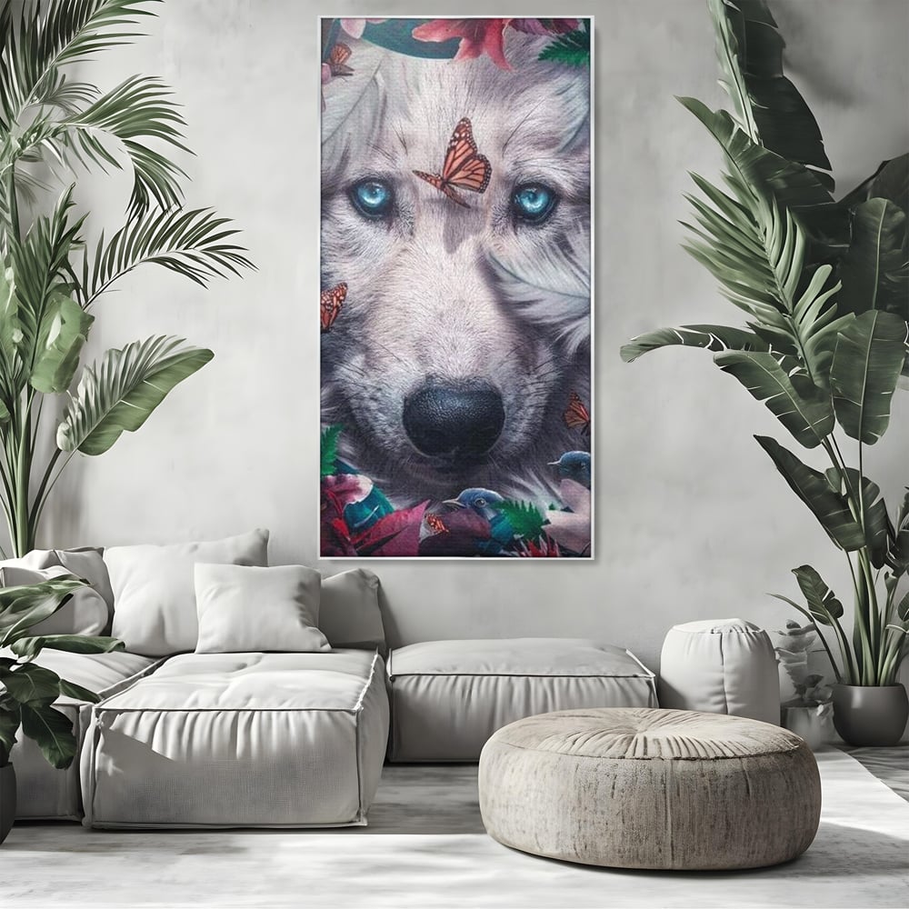 Tablou Canvas Premium, LuxCanva® M1465, Magia Padurii, Lup, Ochi, Privire, Fluturi, Pasari, Flori, Basm, Poveste, Arcada, Armonie, Emotie, Lumina, Birou, Living, Camera Copil
