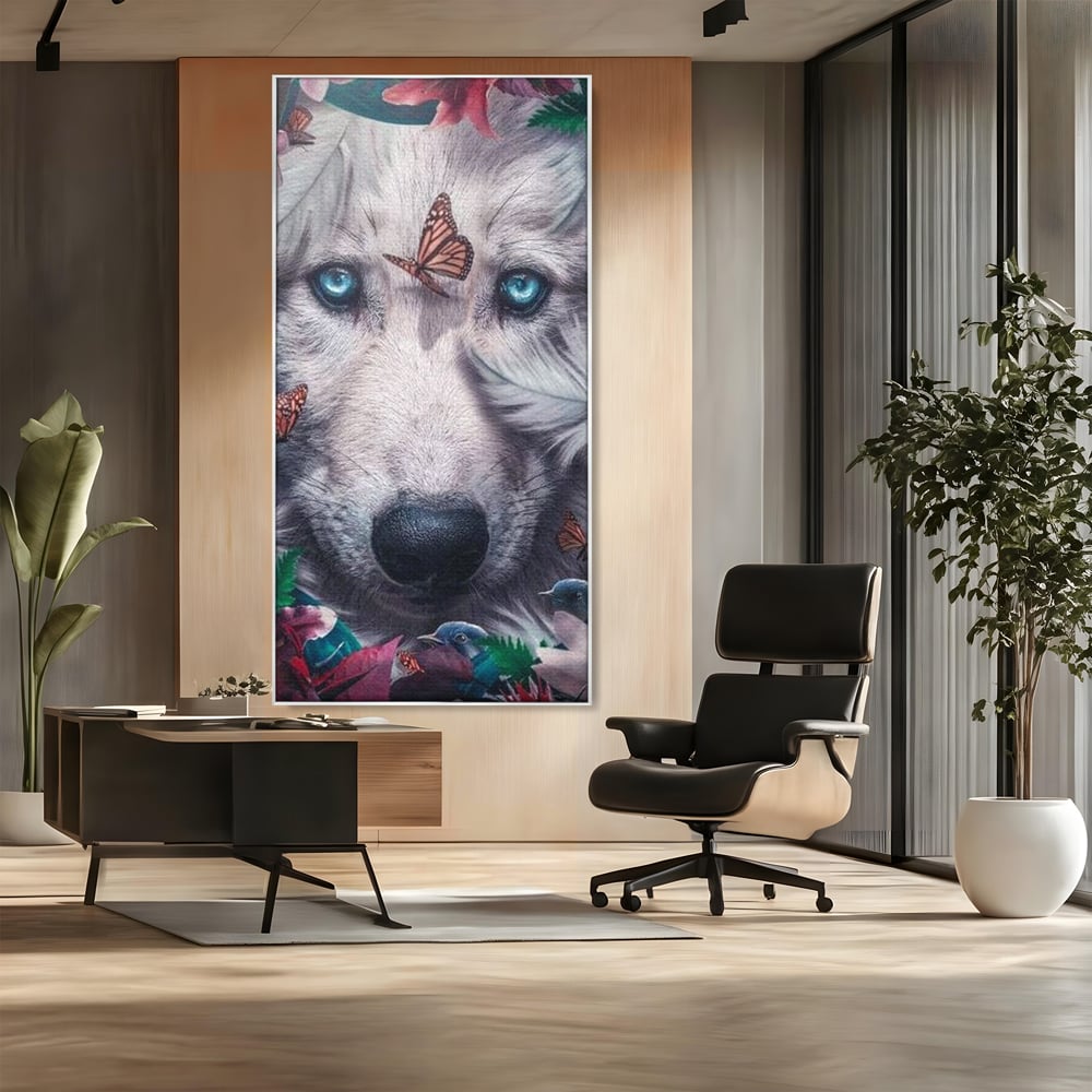 Tablou Canvas Premium, LuxCanva® M1465, Magia Padurii, Lup, Ochi, Privire, Fluturi, Pasari, Flori, Basm, Poveste, Arcada, Armonie, Emotie, Lumina, Birou, Living, Camera Copil