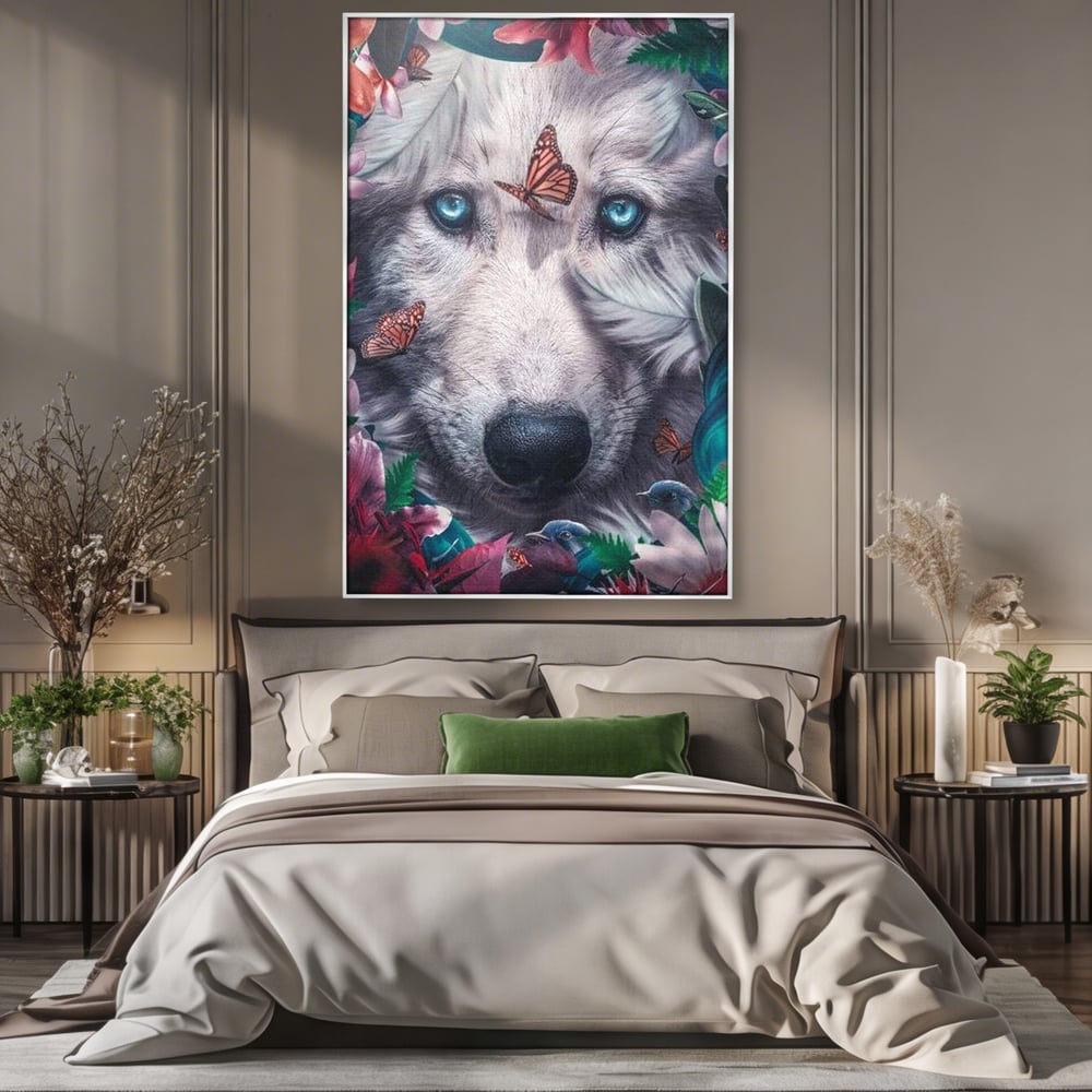 Tablou Canvas Premium, LuxCanva® M1465, Magia Padurii, Lup, Ochi, Privire, Fluturi, Pasari, Flori, Basm, Poveste, Arcada, Armonie, Emotie, Lumina, Birou, Living, Camera Copil