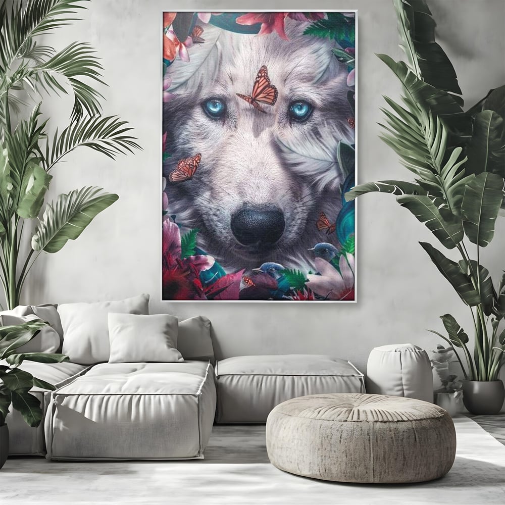 Tablou Canvas Premium, LuxCanva® M1465, Magia Padurii, Lup, Ochi, Privire, Fluturi, Pasari, Flori, Basm, Poveste, Arcada, Armonie, Emotie, Lumina, Birou, Living, Camera Copil