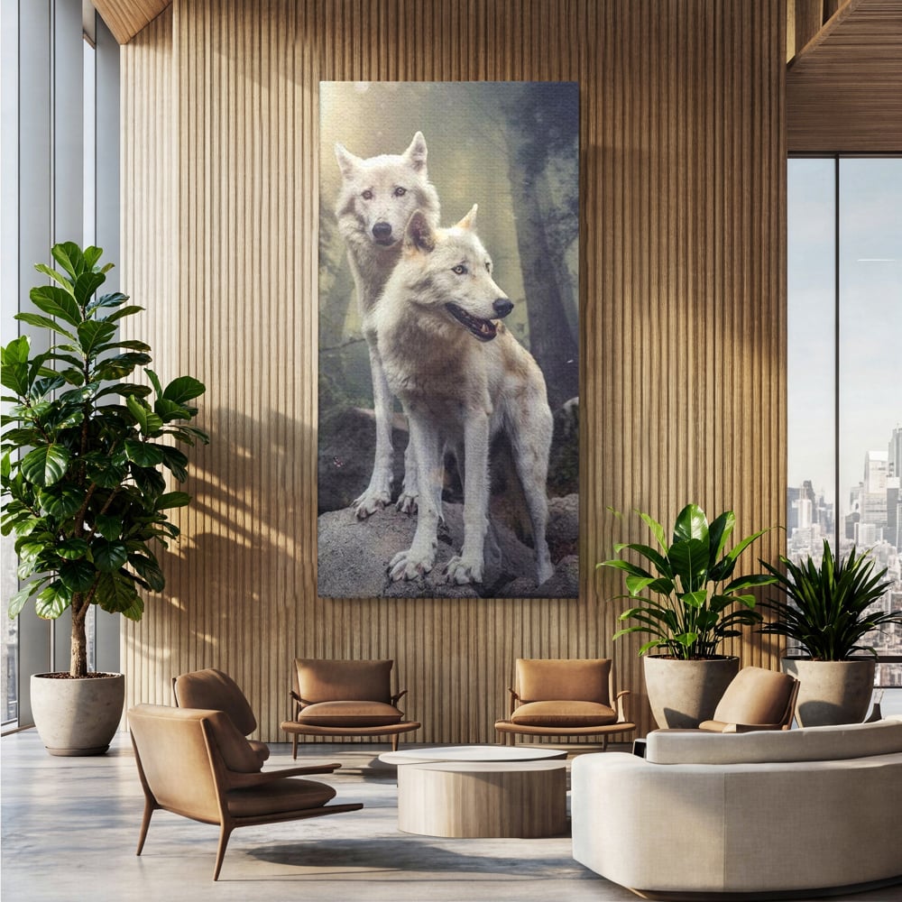 Leinwand Wandkunst Canvas Wall Art Premium, LuxCanva® M1466, Bruderschaft der Wölfe, Pfauen, Natur, Wald, Eiche, Wölfe, Brüder, Licht, Rudel, Wild, Wildtiere, Licht, Büro, Wohnen, Kinderzimmer
