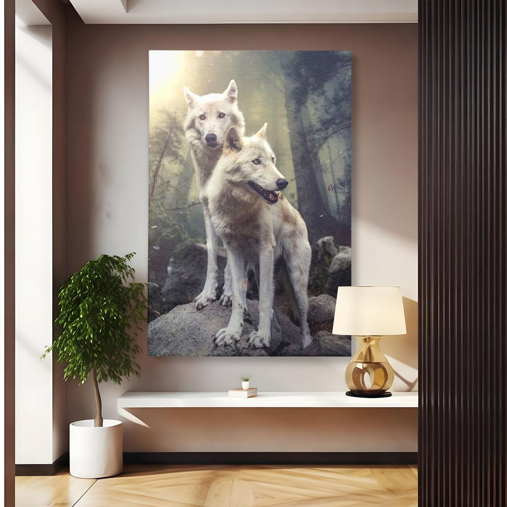 Leinwand Wandkunst Canvas Wall Art Premium, LuxCanva® M1466, Bruderschaft der Wölfe, Pfauen, Natur, Wald, Eiche, Wölfe, Brüder, Licht, Rudel, Wild, Wildtiere, Licht, Büro, Wohnen, Kinderzimmer