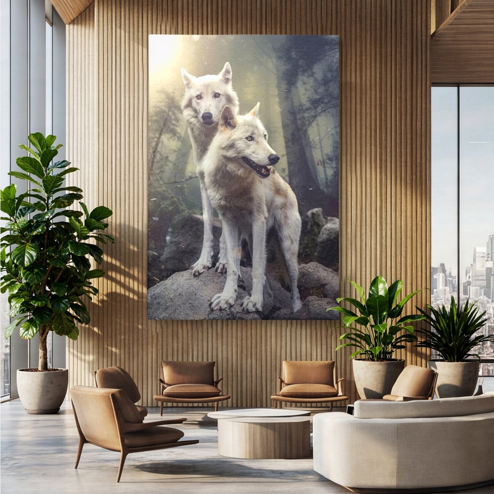 Leinwand Wandkunst Canvas Wall Art Premium, LuxCanva® M1466, Bruderschaft der Wölfe, Pfauen, Natur, Wald, Eiche, Wölfe, Brüder, Licht, Rudel, Wild, Wildtiere, Licht, Büro, Wohnen, Kinderzimmer