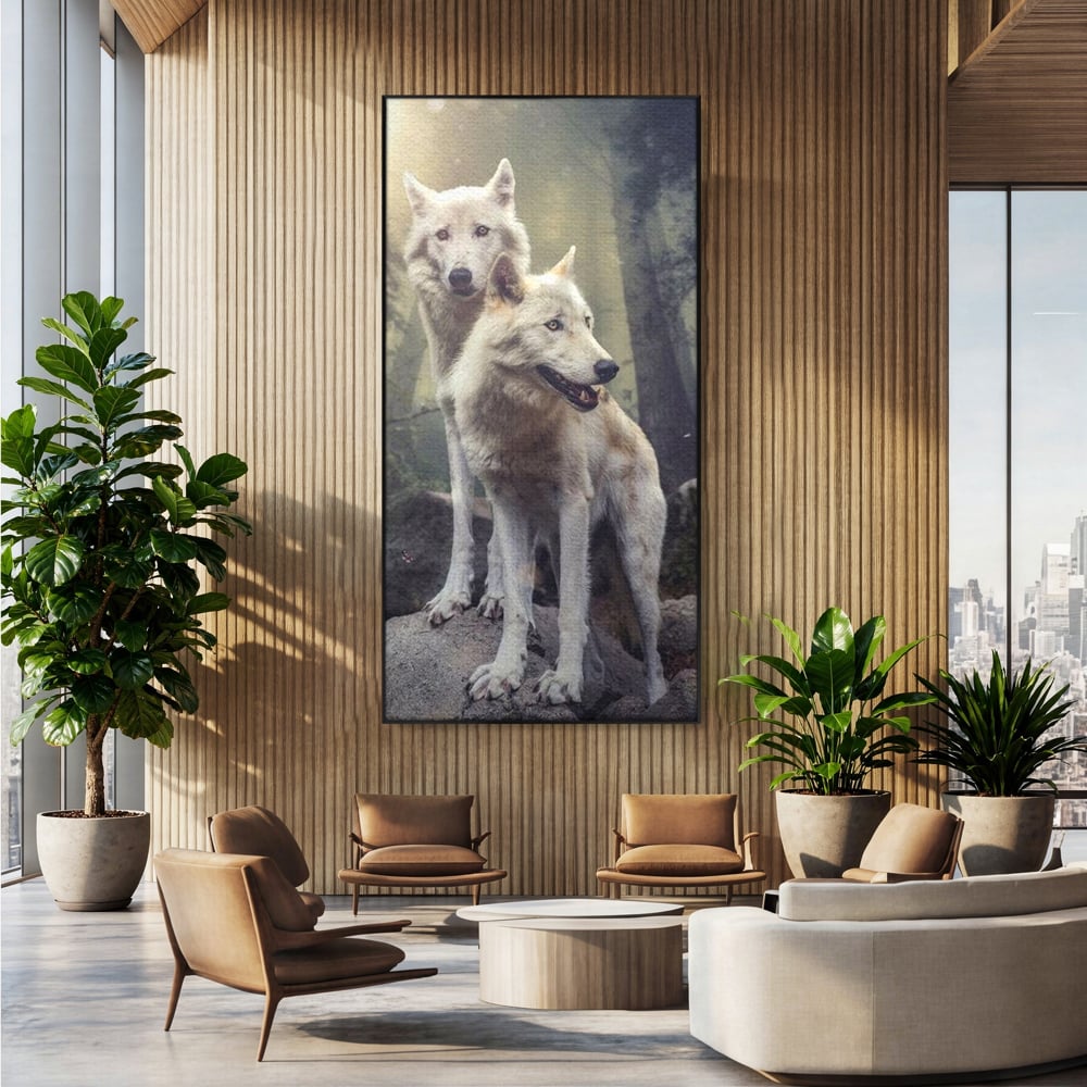 Leinwand Wandkunst Canvas Wall Art Premium, LuxCanva® M1466, Bruderschaft der Wölfe, Pfauen, Natur, Wald, Eiche, Wölfe, Brüder, Licht, Rudel, Wild, Wildtiere, Licht, Büro, Wohnen, Kinderzimmer