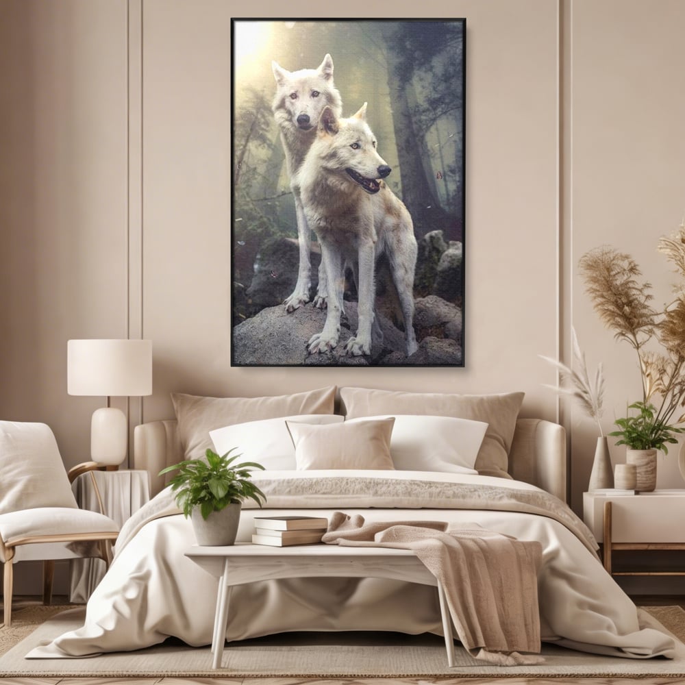 Leinwand Wandkunst Canvas Wall Art Premium, LuxCanva® M1466, Bruderschaft der Wölfe, Pfauen, Natur, Wald, Eiche, Wölfe, Brüder, Licht, Rudel, Wild, Wildtiere, Licht, Büro, Wohnen, Kinderzimmer