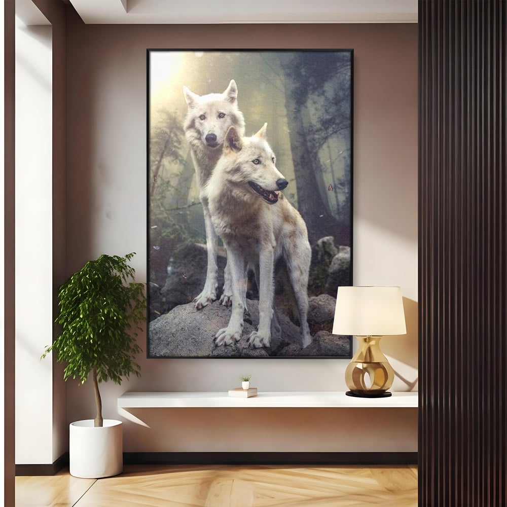 Leinwand Wandkunst Canvas Wall Art Premium, LuxCanva® M1466, Bruderschaft der Wölfe, Pfauen, Natur, Wald, Eiche, Wölfe, Brüder, Licht, Rudel, Wild, Wildtiere, Licht, Büro, Wohnen, Kinderzimmer