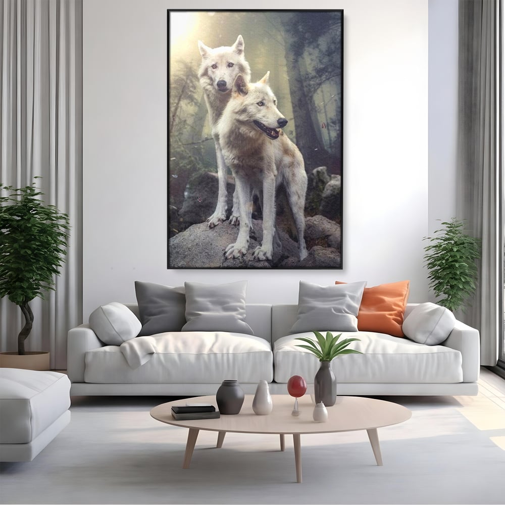 Leinwand Wandkunst Canvas Wall Art Premium, LuxCanva® M1466, Bruderschaft der Wölfe, Pfauen, Natur, Wald, Eiche, Wölfe, Brüder, Licht, Rudel, Wild, Wildtiere, Licht, Büro, Wohnen, Kinderzimmer