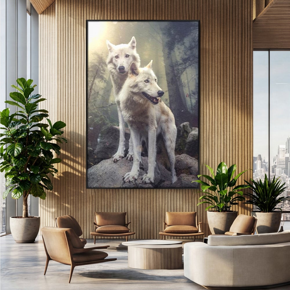 Leinwand Wandkunst Canvas Wall Art Premium, LuxCanva® M1466, Bruderschaft der Wölfe, Pfauen, Natur, Wald, Eiche, Wölfe, Brüder, Licht, Rudel, Wild, Wildtiere, Licht, Büro, Wohnen, Kinderzimmer