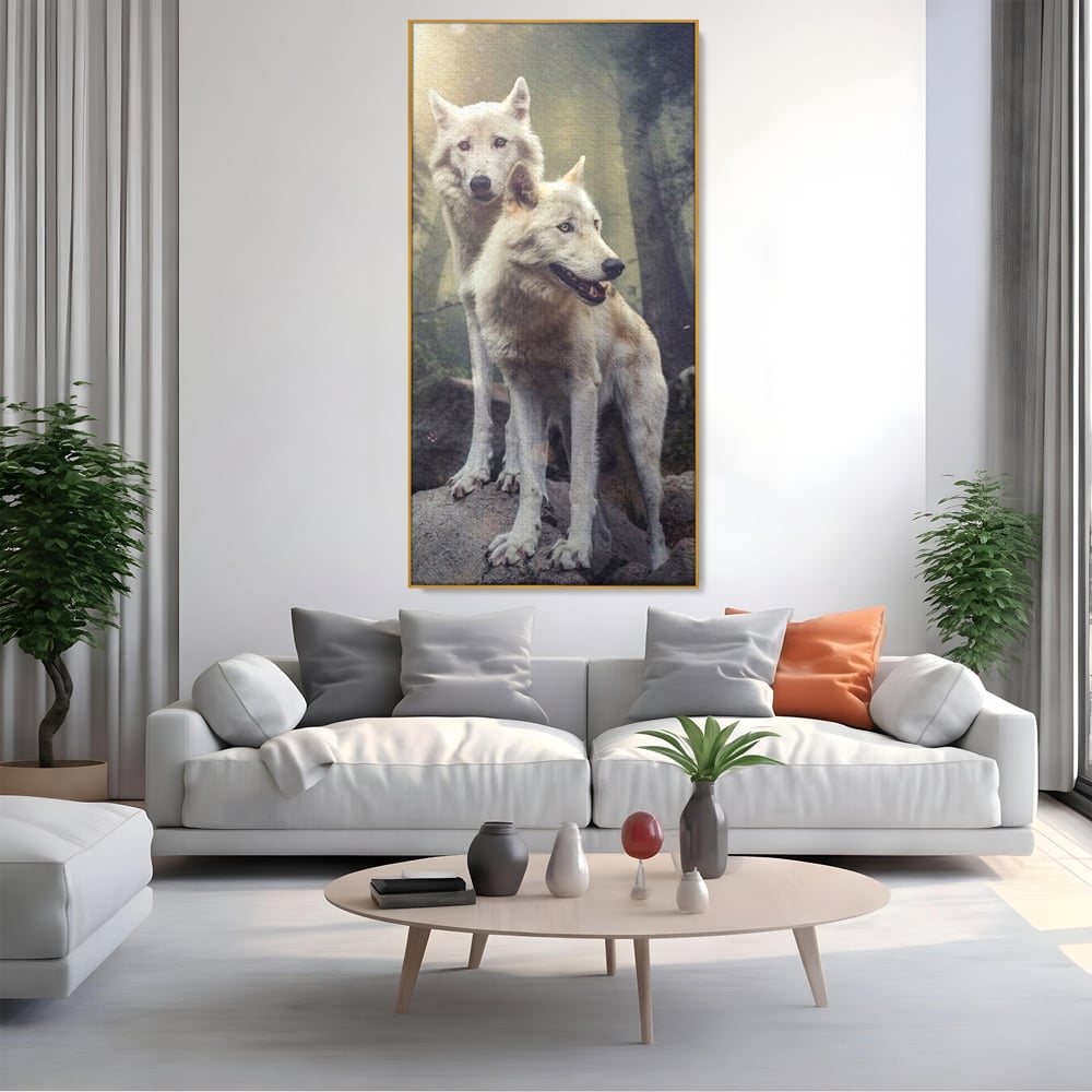 Leinwand Wandkunst Canvas Wall Art Premium, LuxCanva® M1466, Bruderschaft der Wölfe, Pfauen, Natur, Wald, Eiche, Wölfe, Brüder, Licht, Rudel, Wild, Wildtiere, Licht, Büro, Wohnen, Kinderzimmer