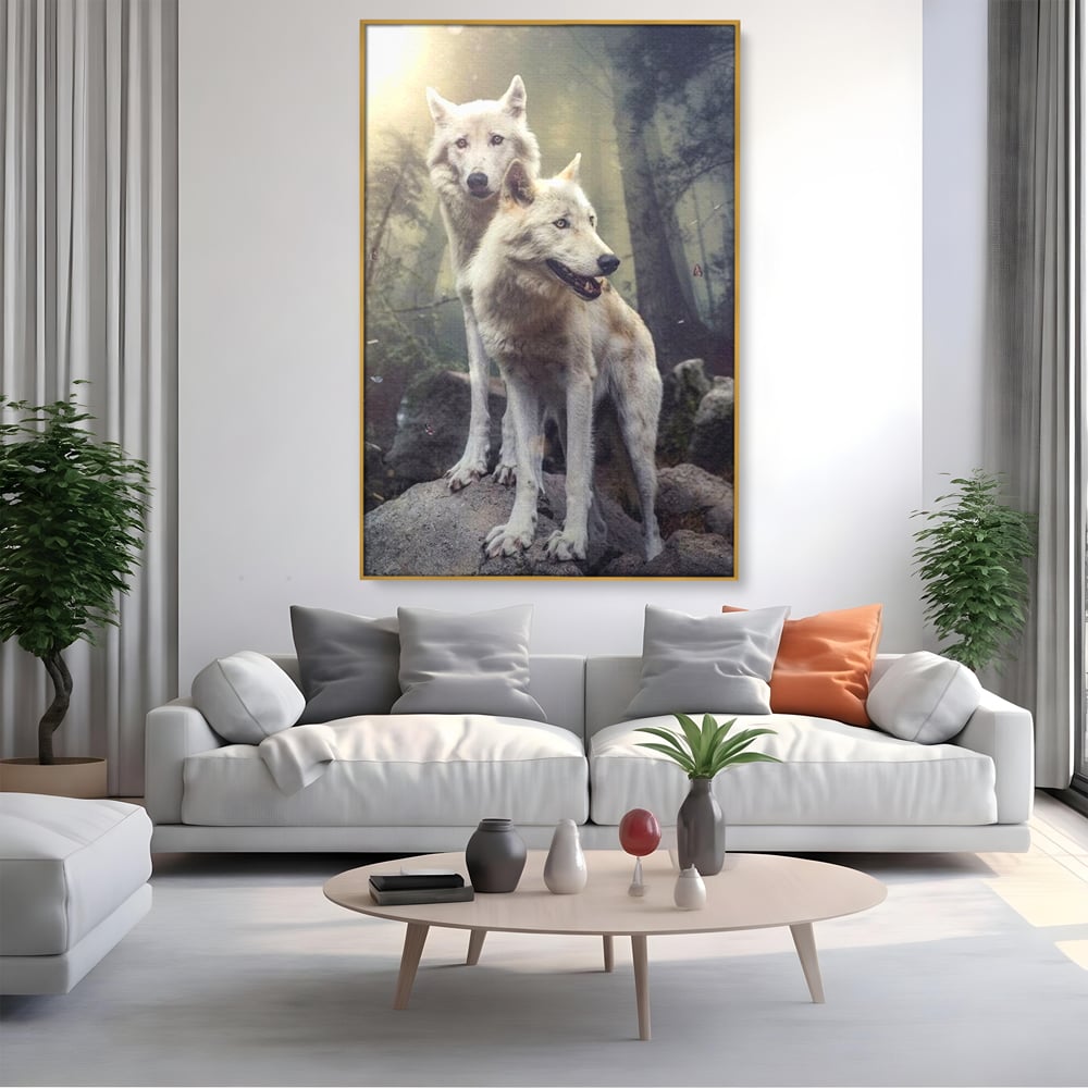 Leinwand Wandkunst Canvas Wall Art Premium, LuxCanva® M1466, Bruderschaft der Wölfe, Pfauen, Natur, Wald, Eiche, Wölfe, Brüder, Licht, Rudel, Wild, Wildtiere, Licht, Büro, Wohnen, Kinderzimmer