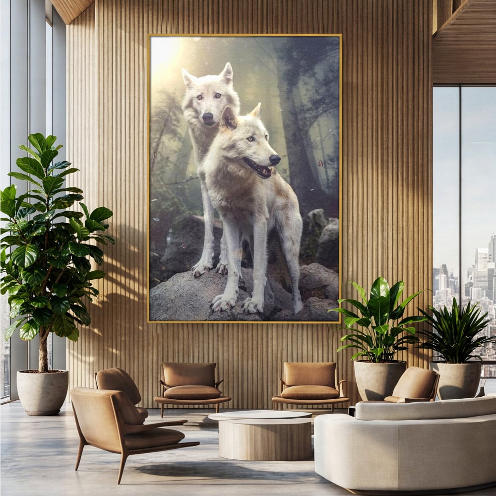 Leinwand Wandkunst Canvas Wall Art Premium, LuxCanva® M1466, Bruderschaft der Wölfe, Pfauen, Natur, Wald, Eiche, Wölfe, Brüder, Licht, Rudel, Wild, Wildtiere, Licht, Büro, Wohnen, Kinderzimmer