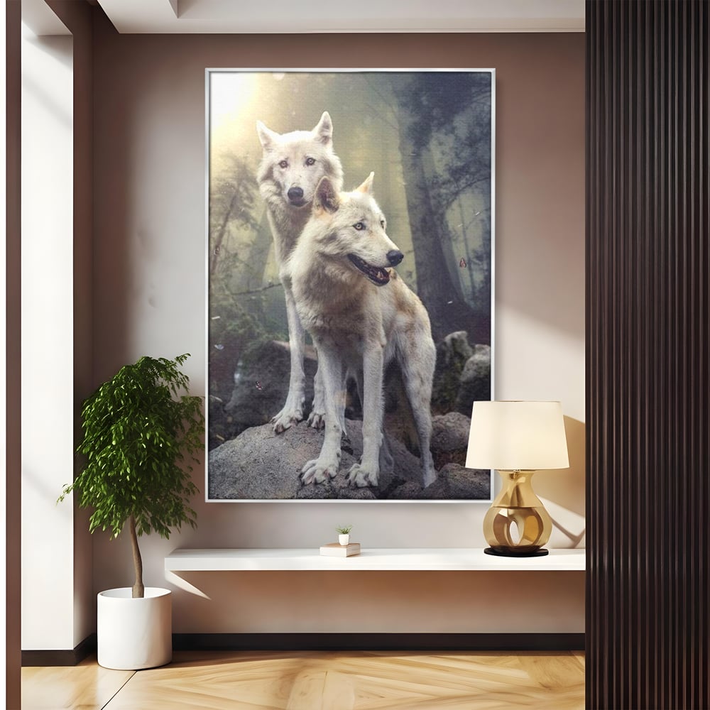 Leinwand Wandkunst Canvas Wall Art Premium, LuxCanva® M1466, Bruderschaft der Wölfe, Pfauen, Natur, Wald, Eiche, Wölfe, Brüder, Licht, Rudel, Wild, Wildtiere, Licht, Büro, Wohnen, Kinderzimmer