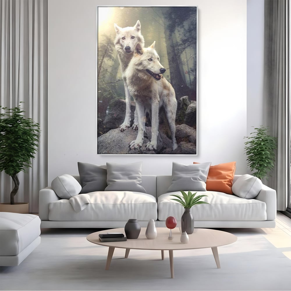 Leinwand Wandkunst Canvas Wall Art Premium, LuxCanva® M1466, Bruderschaft der Wölfe, Pfauen, Natur, Wald, Eiche, Wölfe, Brüder, Licht, Rudel, Wild, Wildtiere, Licht, Büro, Wohnen, Kinderzimmer