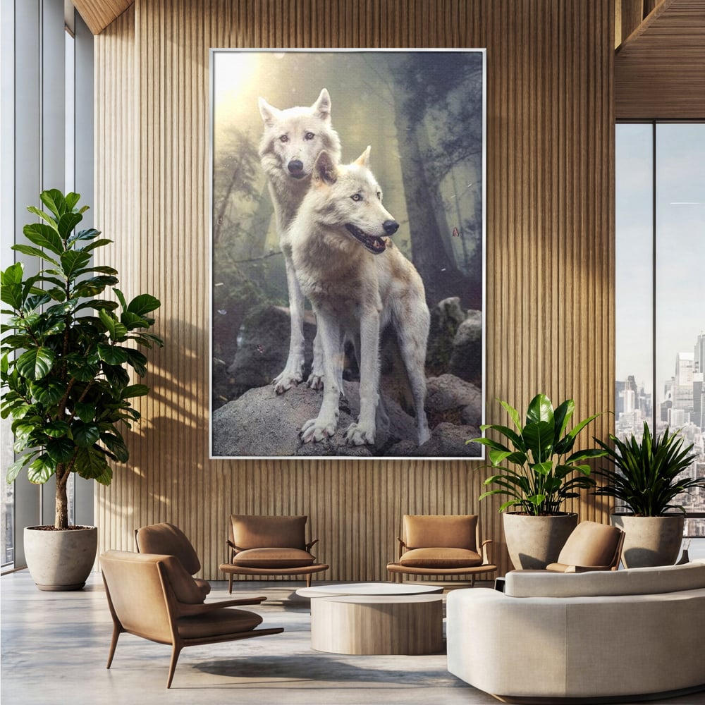 Leinwand Wandkunst Canvas Wall Art Premium, LuxCanva® M1466, Bruderschaft der Wölfe, Pfauen, Natur, Wald, Eiche, Wölfe, Brüder, Licht, Rudel, Wild, Wildtiere, Licht, Büro, Wohnen, Kinderzimmer