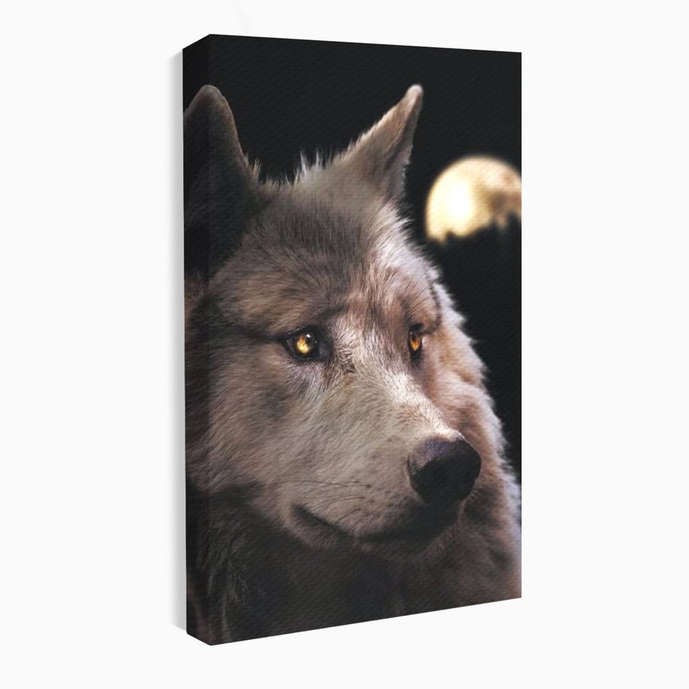 Leinwand Wandkunst Canvas Premium, LuxCanva® M1467, Unter dem Mond, Wolf, Tier, Wild, Vollmond, Blick, Nacht, einsam, geheimnisvoll, Berufung, Büro, Wohnen, Babyzimmer