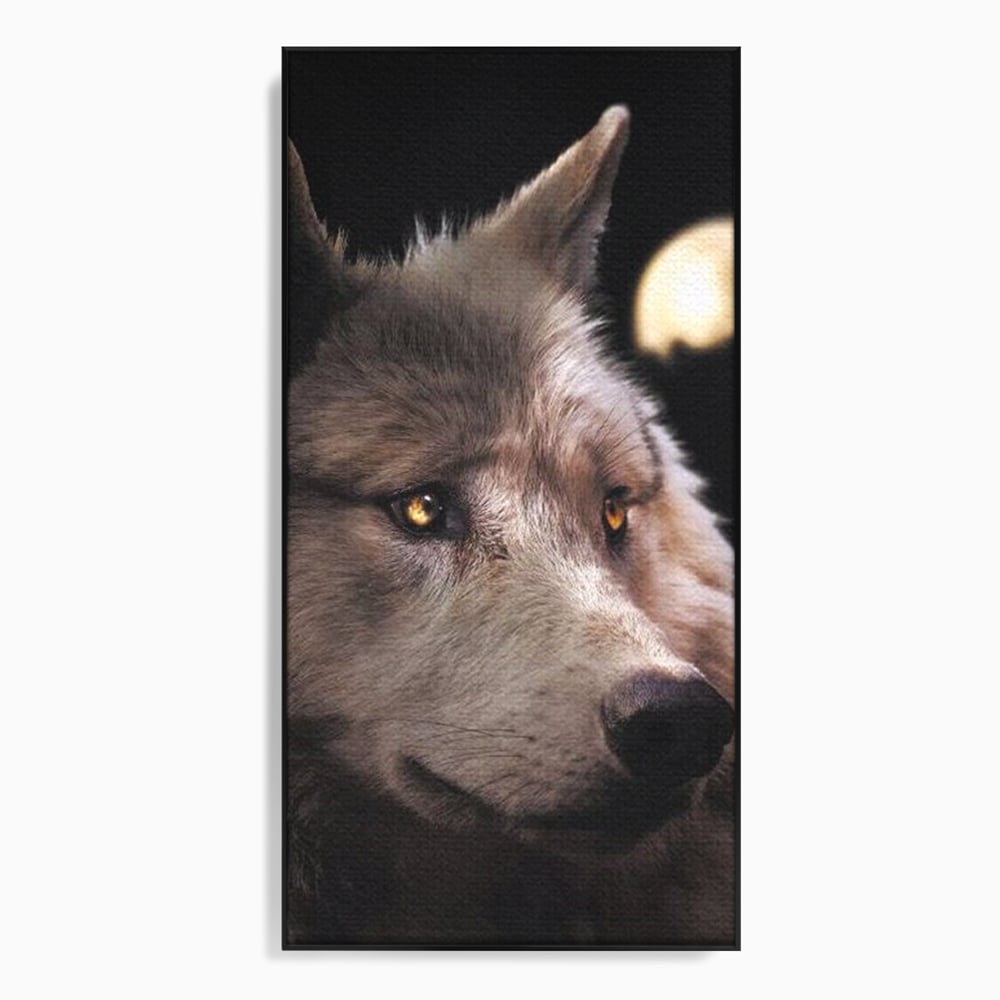 Leinwand Wandkunst Canvas Premium, LuxCanva® M1467, Unter dem Mond, Wolf, Tier, Wild, Vollmond, Blick, Nacht, einsam, geheimnisvoll, Berufung, Büro, Wohnen, Babyzimmer