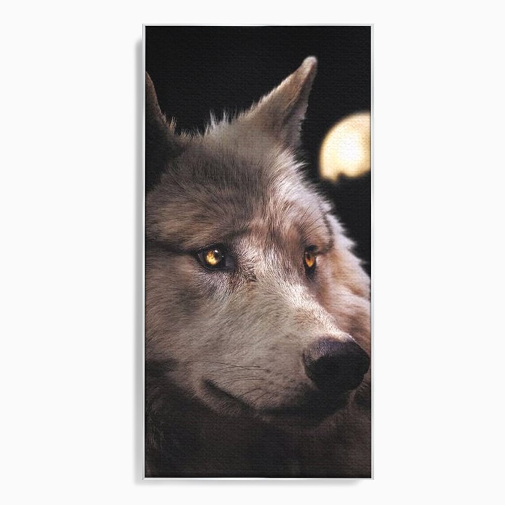 Leinwand Wandkunst Canvas Premium, LuxCanva® M1467, Unter dem Mond, Wolf, Tier, Wild, Vollmond, Blick, Nacht, einsam, geheimnisvoll, Berufung, Büro, Wohnen, Babyzimmer