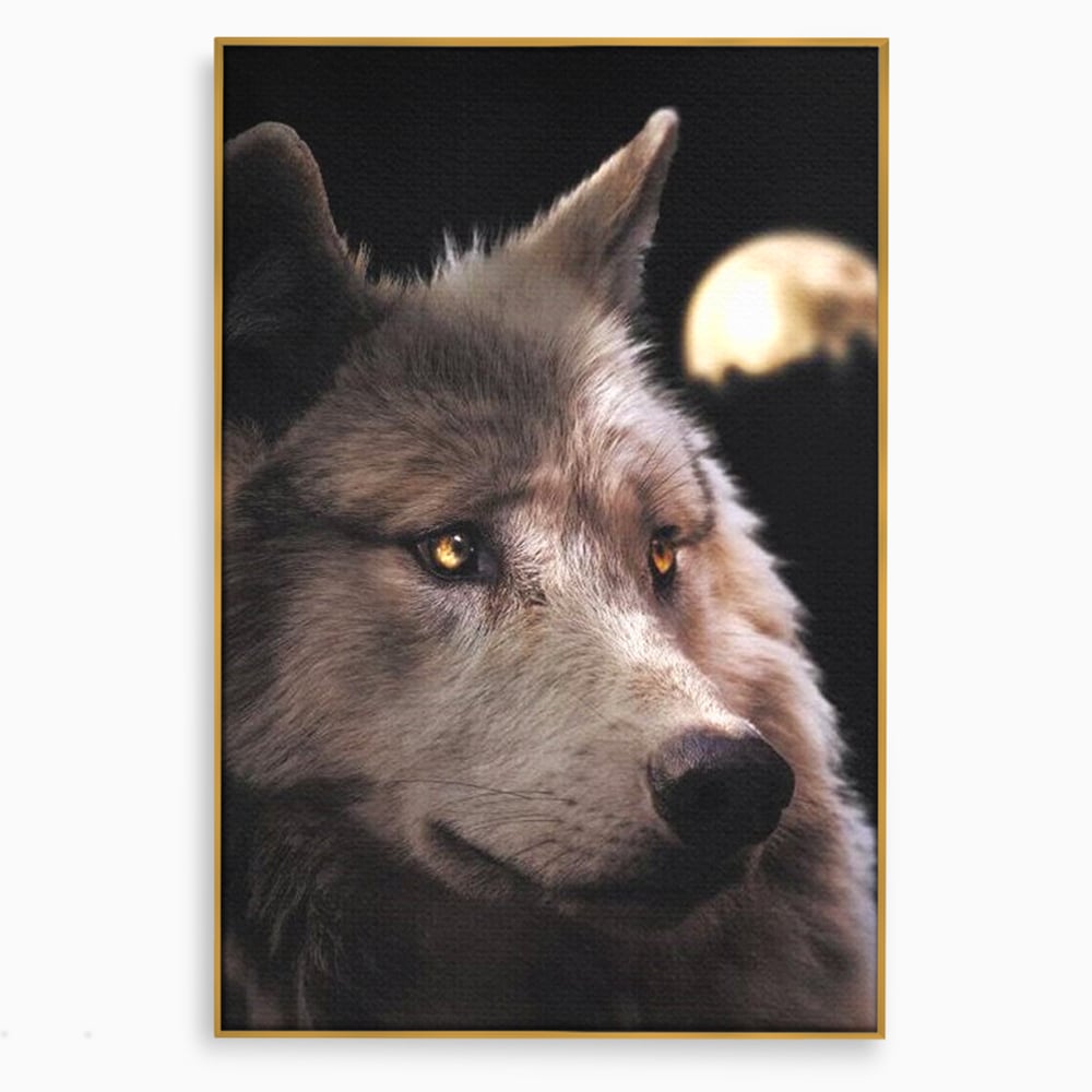 Leinwand Wandkunst Canvas Premium, LuxCanva® M1467, Unter dem Mond, Wolf, Tier, Wild, Vollmond, Blick, Nacht, einsam, geheimnisvoll, Berufung, Büro, Wohnen, Babyzimmer
