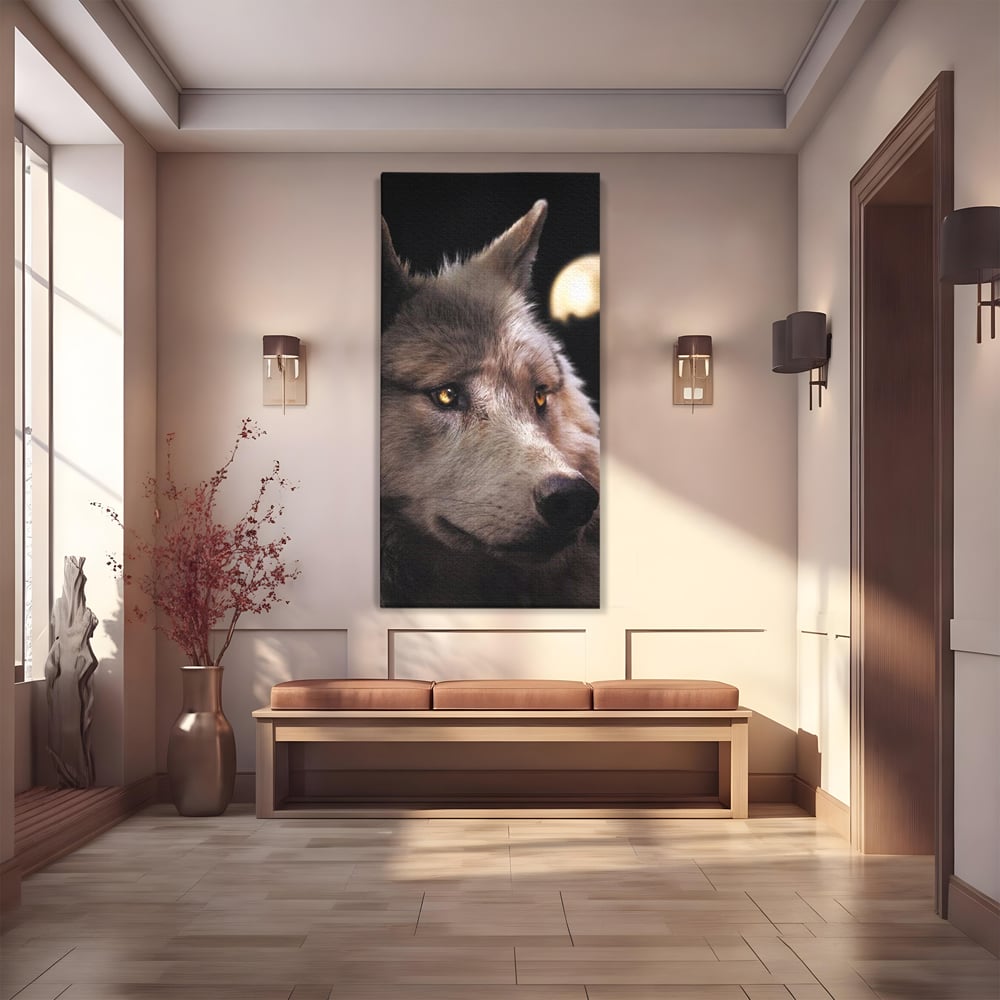 Leinwand Wandkunst Canvas Premium, LuxCanva® M1467, Unter dem Mond, Wolf, Tier, Wild, Vollmond, Blick, Nacht, einsam, geheimnisvoll, Berufung, Büro, Wohnen, Babyzimmer