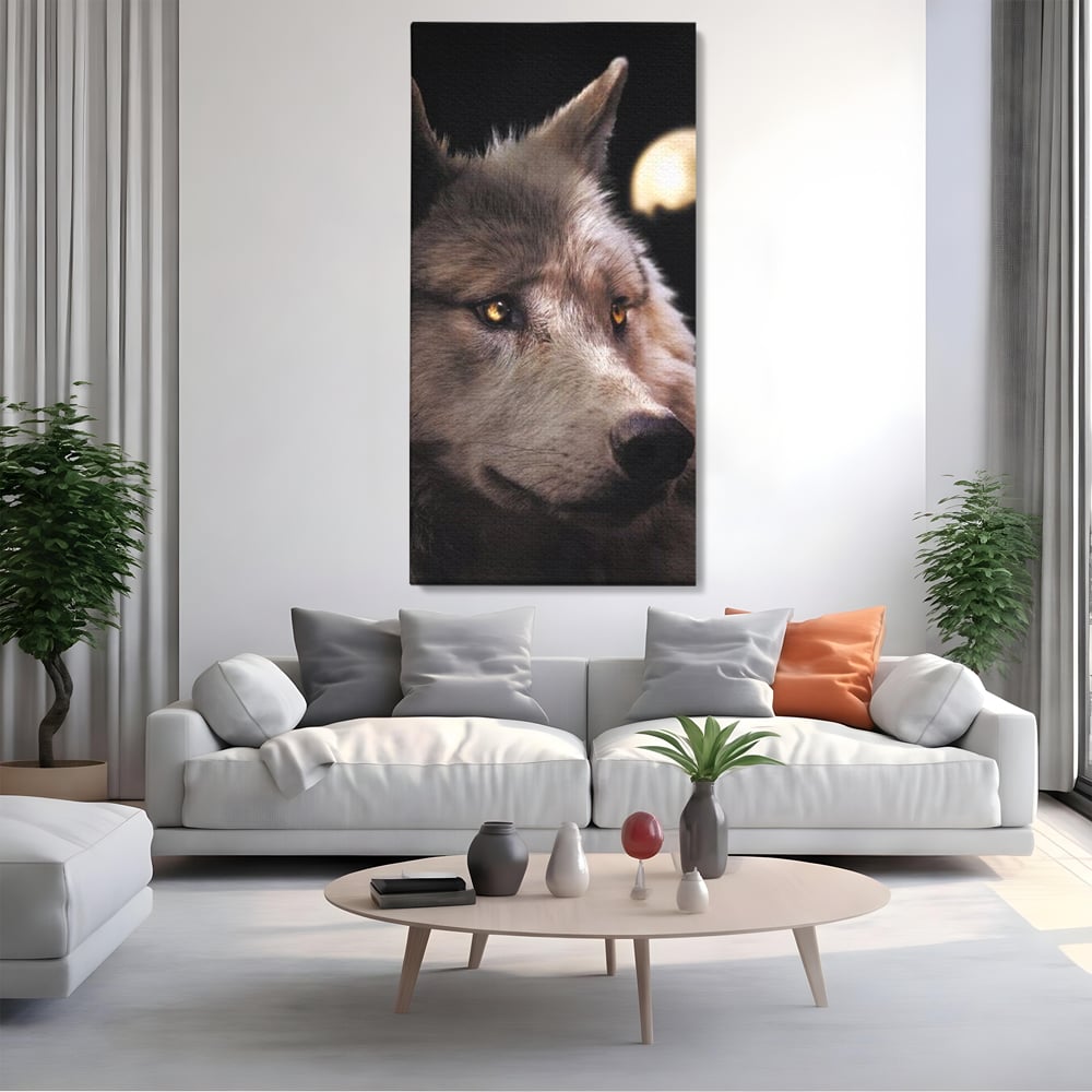 Leinwand Wandkunst Canvas Premium, LuxCanva® M1467, Unter dem Mond, Wolf, Tier, Wild, Vollmond, Blick, Nacht, einsam, geheimnisvoll, Berufung, Büro, Wohnen, Babyzimmer