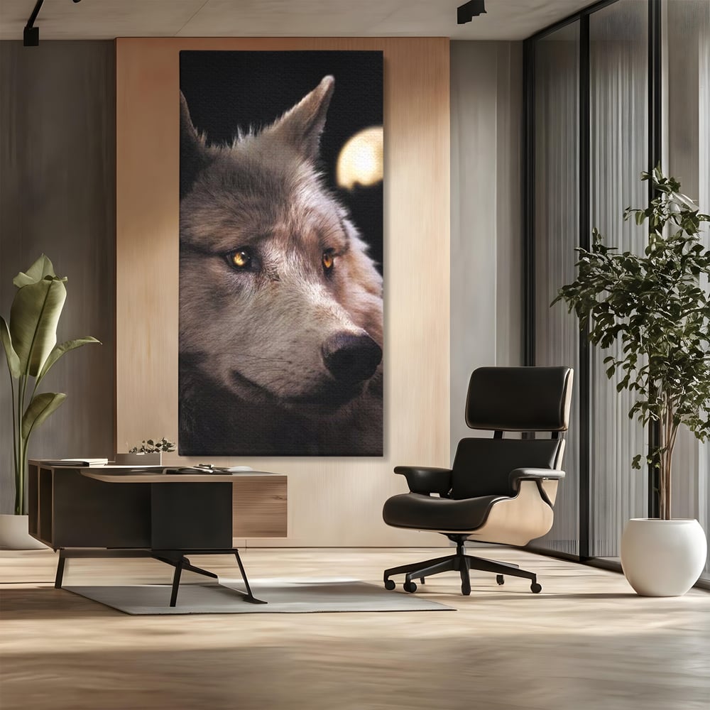 Leinwand Wandkunst Canvas Premium, LuxCanva® M1467, Unter dem Mond, Wolf, Tier, Wild, Vollmond, Blick, Nacht, einsam, geheimnisvoll, Berufung, Büro, Wohnen, Babyzimmer