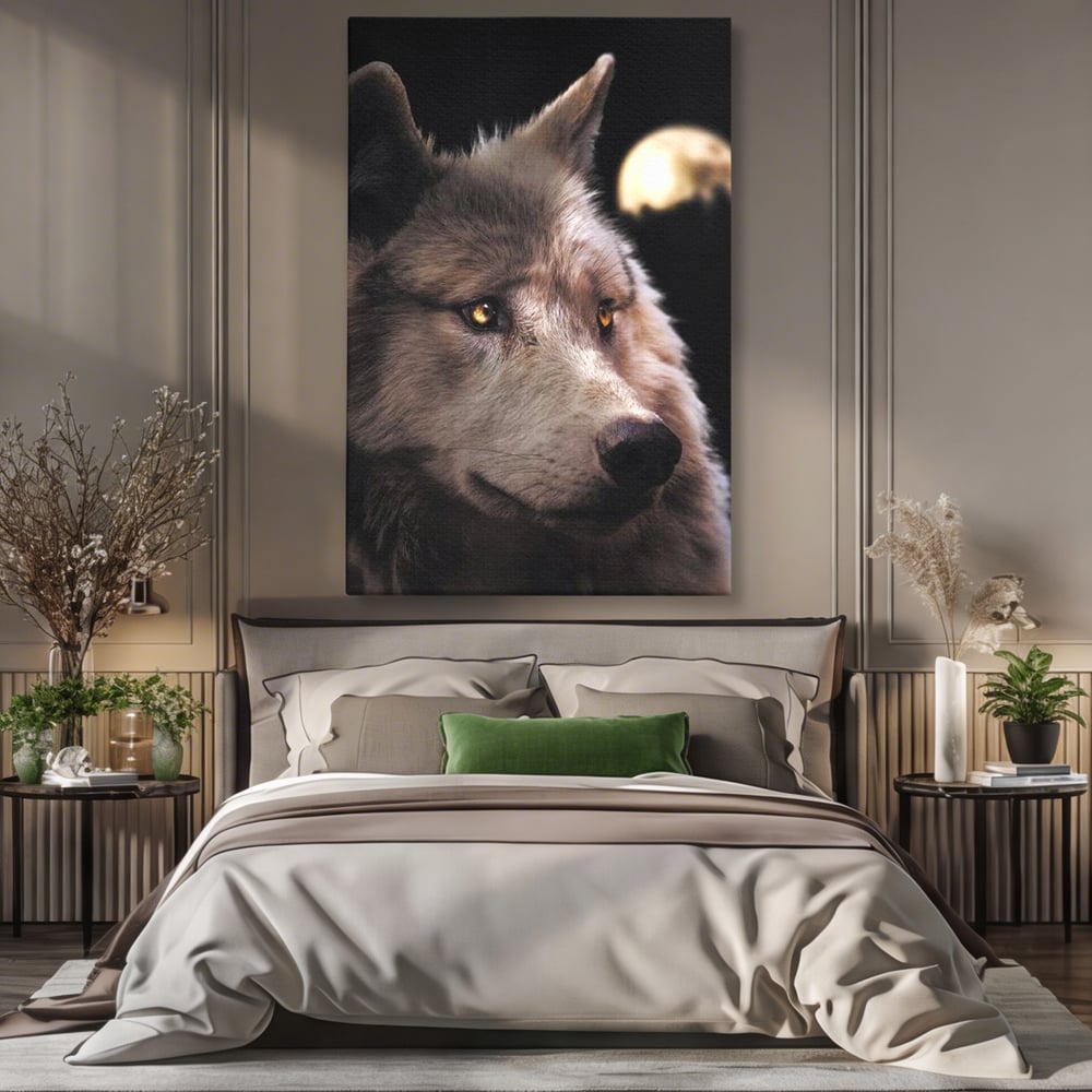 Leinwand Wandkunst Canvas Premium, LuxCanva® M1467, Unter dem Mond, Wolf, Tier, Wild, Vollmond, Blick, Nacht, einsam, geheimnisvoll, Berufung, Büro, Wohnen, Babyzimmer