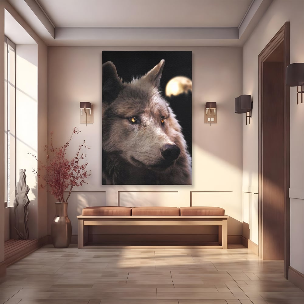 Leinwand Wandkunst Canvas Premium, LuxCanva® M1467, Unter dem Mond, Wolf, Tier, Wild, Vollmond, Blick, Nacht, einsam, geheimnisvoll, Berufung, Büro, Wohnen, Babyzimmer