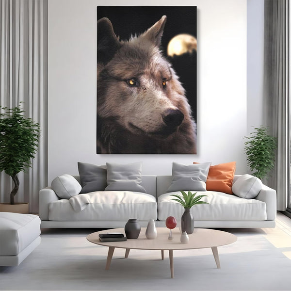 Leinwand Wandkunst Canvas Premium, LuxCanva® M1467, Unter dem Mond, Wolf, Tier, Wild, Vollmond, Blick, Nacht, einsam, geheimnisvoll, Berufung, Büro, Wohnen, Babyzimmer