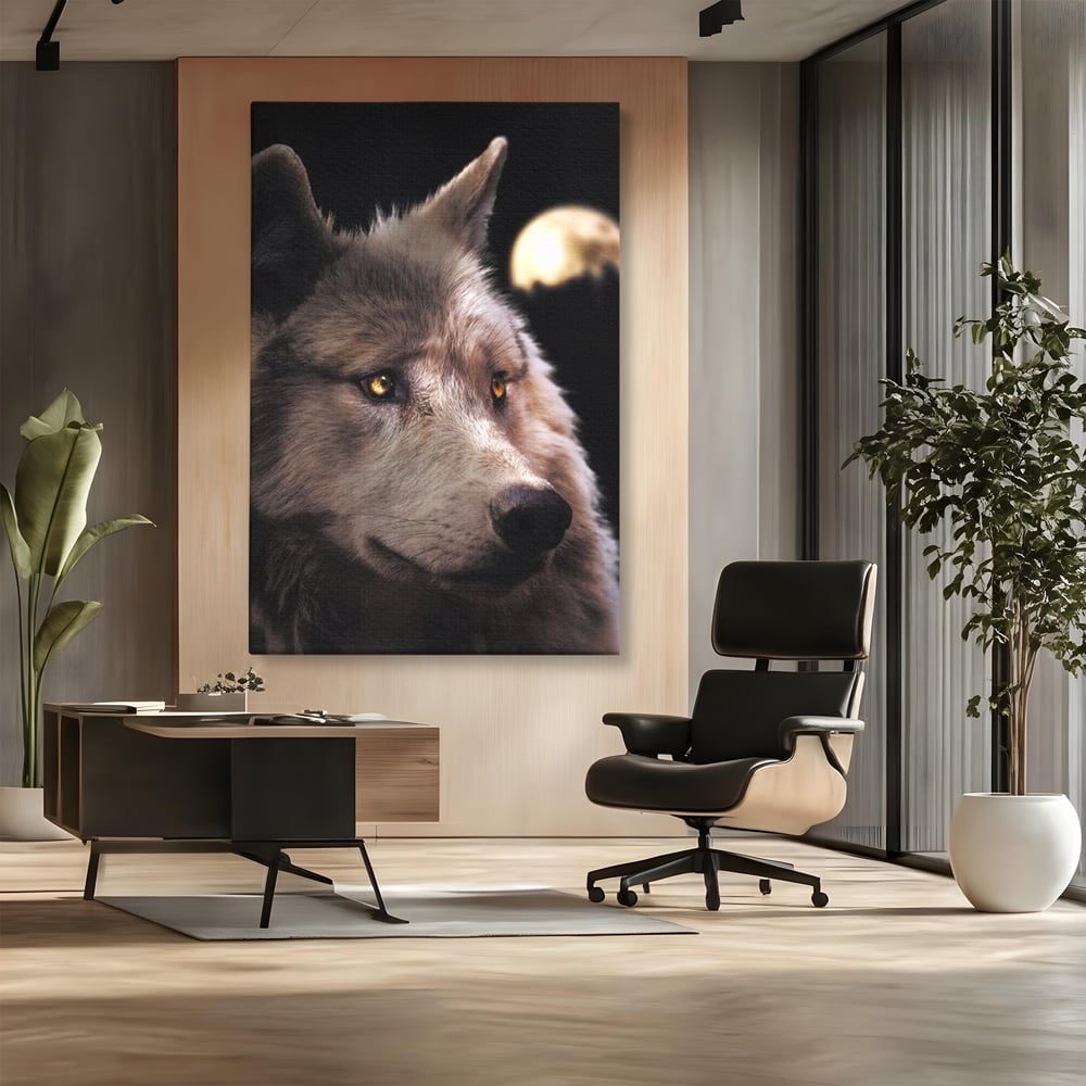 Leinwand Wandkunst Canvas Premium, LuxCanva® M1467, Unter dem Mond, Wolf, Tier, Wild, Vollmond, Blick, Nacht, einsam, geheimnisvoll, Berufung, Büro, Wohnen, Babyzimmer