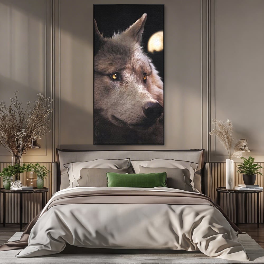 Leinwand Wandkunst Canvas Premium, LuxCanva® M1467, Unter dem Mond, Wolf, Tier, Wild, Vollmond, Blick, Nacht, einsam, geheimnisvoll, Berufung, Büro, Wohnen, Babyzimmer