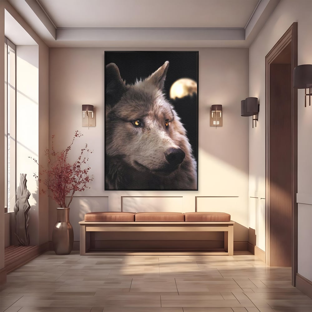 Leinwand Wandkunst Canvas Premium, LuxCanva® M1467, Unter dem Mond, Wolf, Tier, Wild, Vollmond, Blick, Nacht, einsam, geheimnisvoll, Berufung, Büro, Wohnen, Babyzimmer