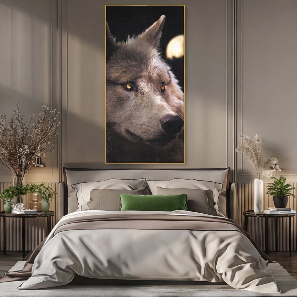 Leinwand Wandkunst Canvas Premium, LuxCanva® M1467, Unter dem Mond, Wolf, Tier, Wild, Vollmond, Blick, Nacht, einsam, geheimnisvoll, Berufung, Büro, Wohnen, Babyzimmer