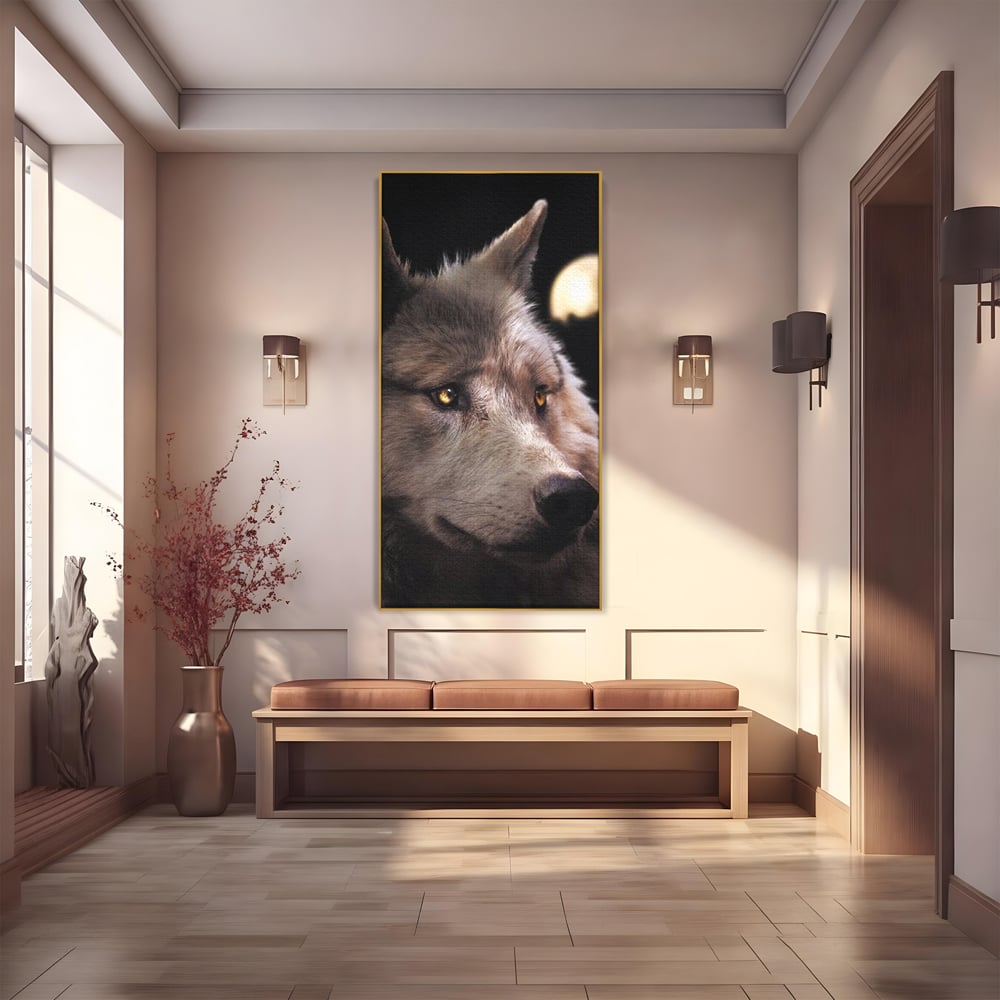 Leinwand Wandkunst Canvas Premium, LuxCanva® M1467, Unter dem Mond, Wolf, Tier, Wild, Vollmond, Blick, Nacht, einsam, geheimnisvoll, Berufung, Büro, Wohnen, Babyzimmer