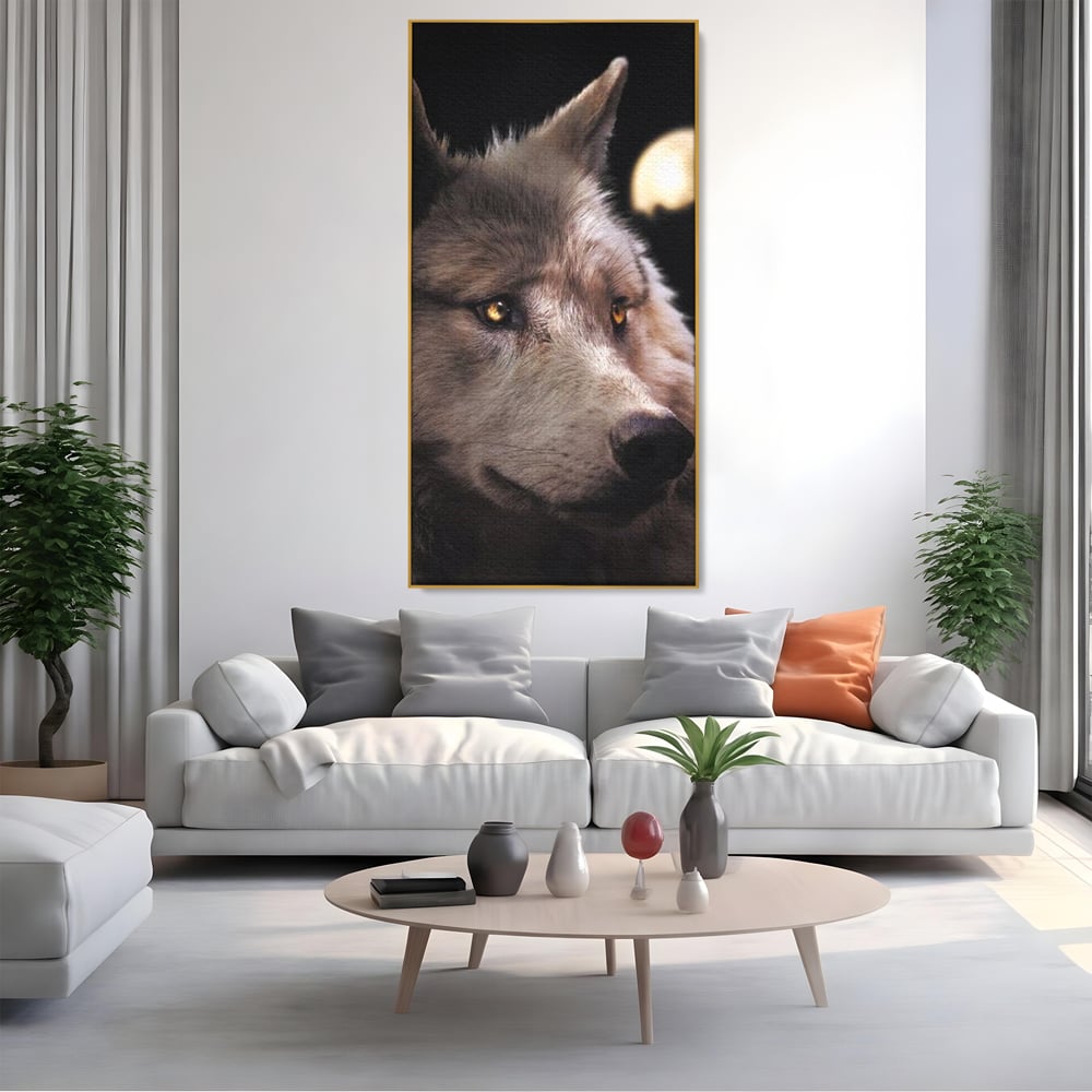 Leinwand Wandkunst Canvas Premium, LuxCanva® M1467, Unter dem Mond, Wolf, Tier, Wild, Vollmond, Blick, Nacht, einsam, geheimnisvoll, Berufung, Büro, Wohnen, Babyzimmer