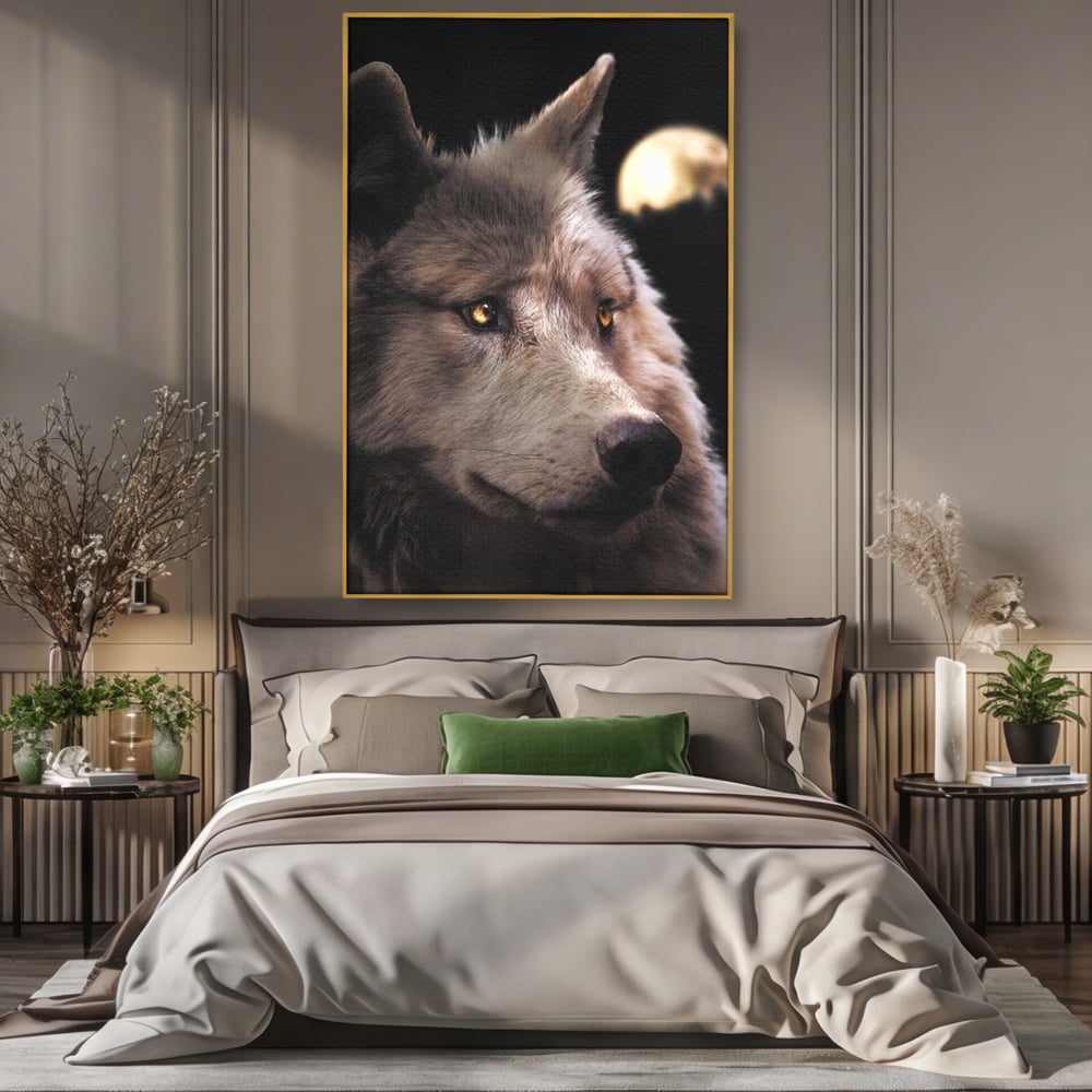 Leinwand Wandkunst Canvas Premium, LuxCanva® M1467, Unter dem Mond, Wolf, Tier, Wild, Vollmond, Blick, Nacht, einsam, geheimnisvoll, Berufung, Büro, Wohnen, Babyzimmer