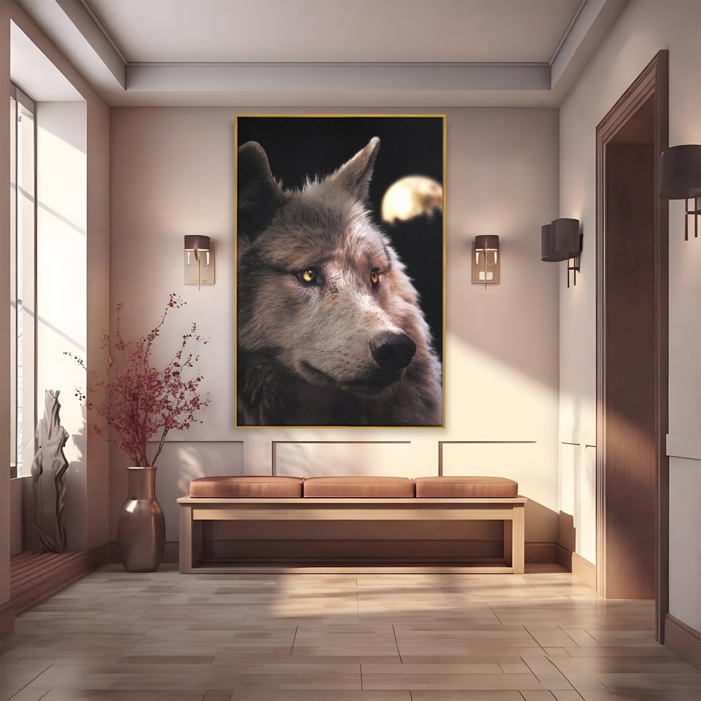 Leinwand Wandkunst Canvas Premium, LuxCanva® M1467, Unter dem Mond, Wolf, Tier, Wild, Vollmond, Blick, Nacht, einsam, geheimnisvoll, Berufung, Büro, Wohnen, Babyzimmer