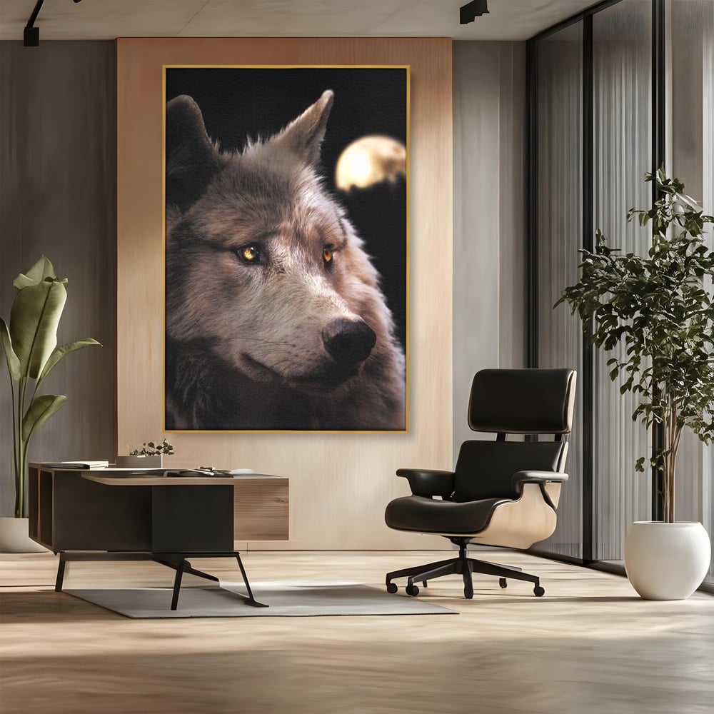 Leinwand Wandkunst Canvas Premium, LuxCanva® M1467, Unter dem Mond, Wolf, Tier, Wild, Vollmond, Blick, Nacht, einsam, geheimnisvoll, Berufung, Büro, Wohnen, Babyzimmer