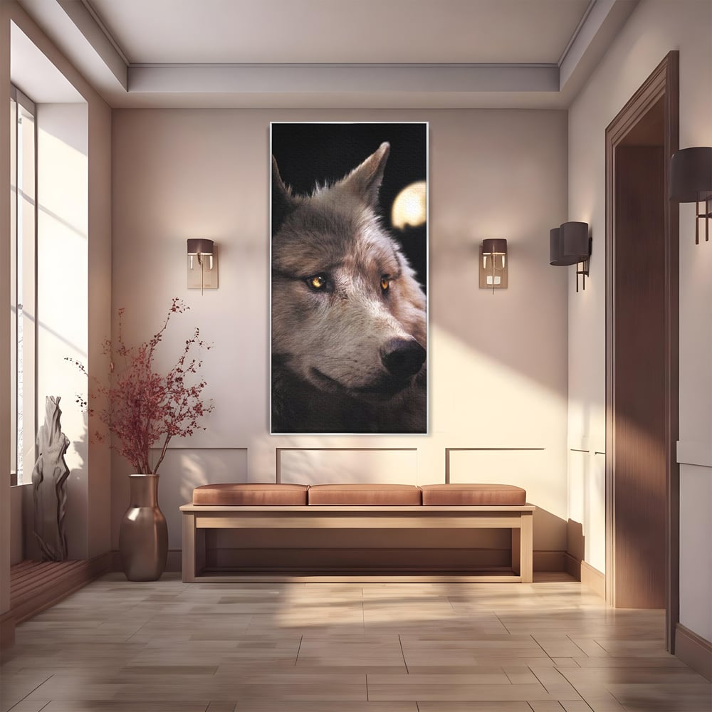 Leinwand Wandkunst Canvas Premium, LuxCanva® M1467, Unter dem Mond, Wolf, Tier, Wild, Vollmond, Blick, Nacht, einsam, geheimnisvoll, Berufung, Büro, Wohnen, Babyzimmer