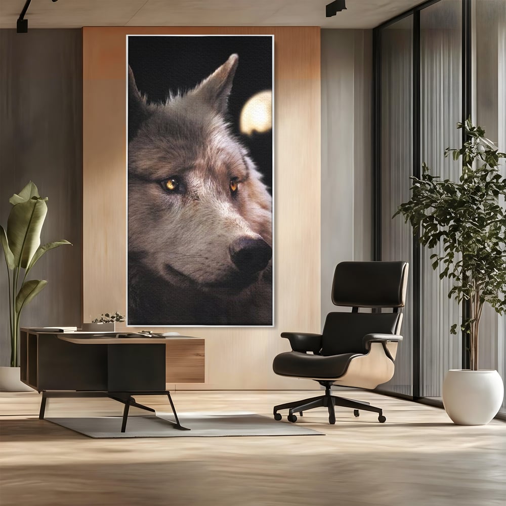 Leinwand Wandkunst Canvas Premium, LuxCanva® M1467, Unter dem Mond, Wolf, Tier, Wild, Vollmond, Blick, Nacht, einsam, geheimnisvoll, Berufung, Büro, Wohnen, Babyzimmer