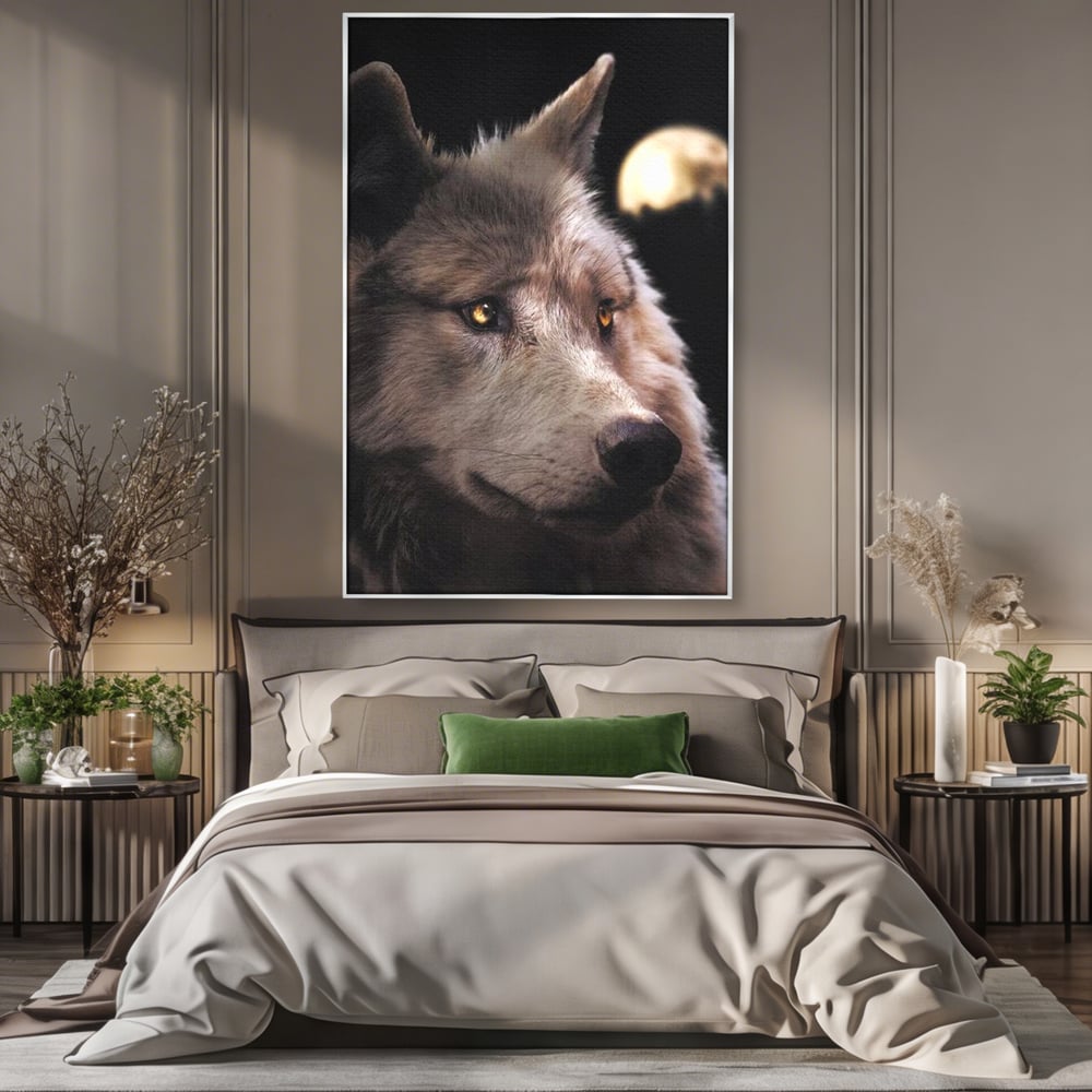 Leinwand Wandkunst Canvas Premium, LuxCanva® M1467, Unter dem Mond, Wolf, Tier, Wild, Vollmond, Blick, Nacht, einsam, geheimnisvoll, Berufung, Büro, Wohnen, Babyzimmer