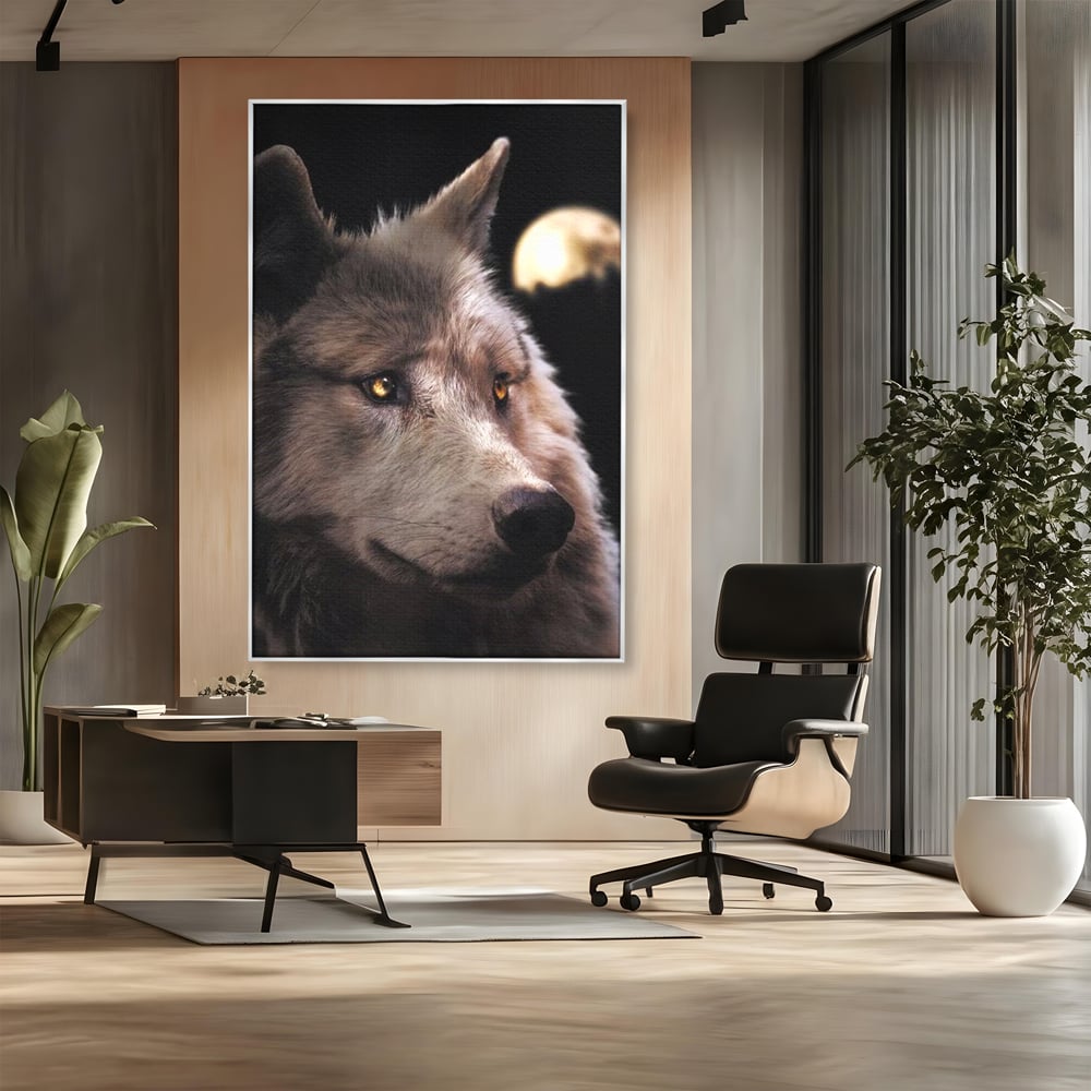 Leinwand Wandkunst Canvas Premium, LuxCanva® M1467, Unter dem Mond, Wolf, Tier, Wild, Vollmond, Blick, Nacht, einsam, geheimnisvoll, Berufung, Büro, Wohnen, Babyzimmer