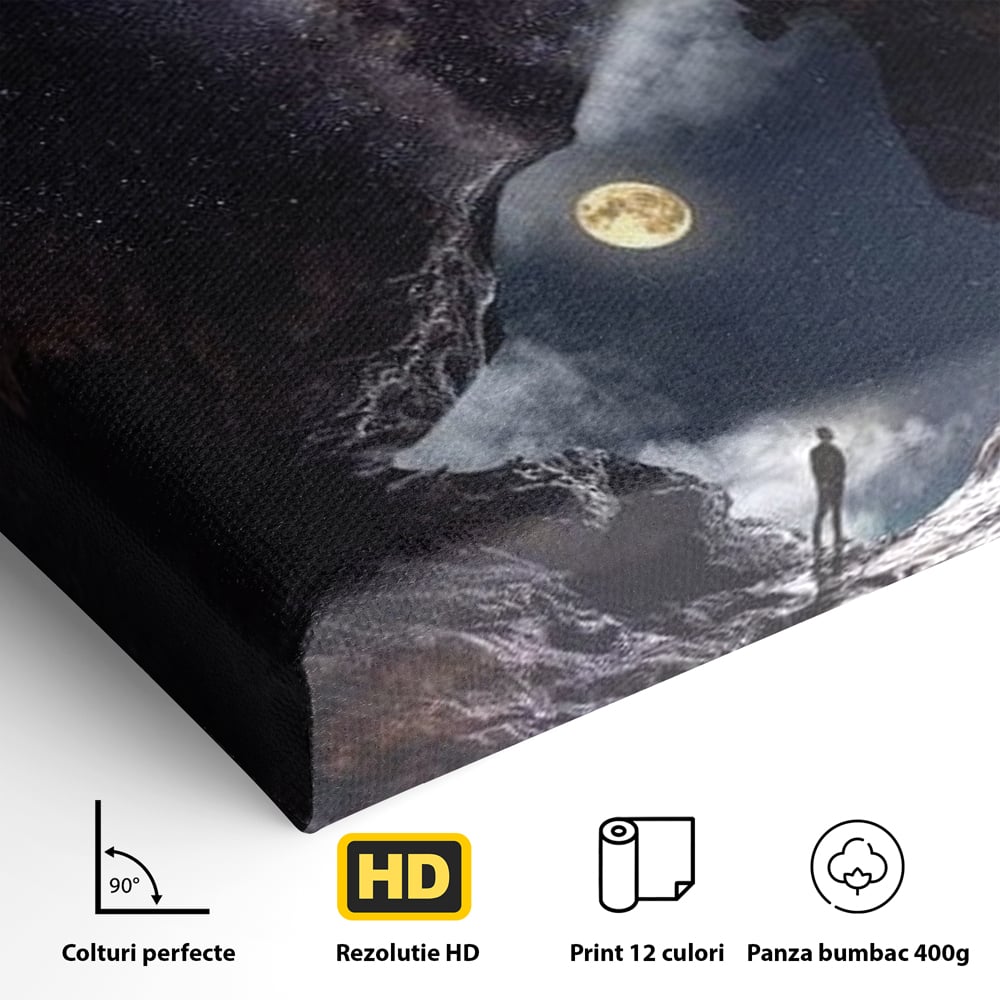 Tablou Canvas Premium, LuxCanva® M1468, Glasul Universului, Cosmos, Luna, Lup, Stele, Noapte, Vis, Mistic, Destin, Eternitate, Carare, Birou, Living, Camera Copil