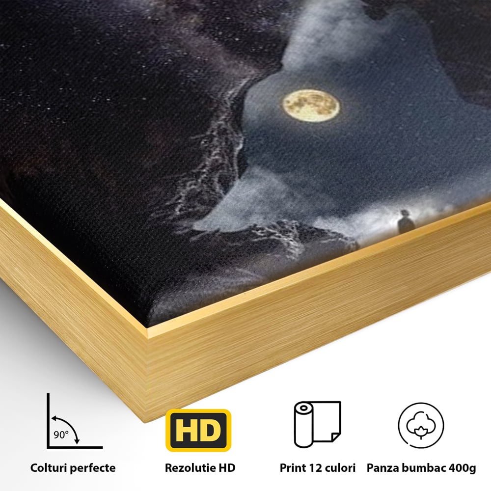 Tablou Canvas Premium, LuxCanva® M1468, Glasul Universului, Cosmos, Luna, Lup, Stele, Noapte, Vis, Mistic, Destin, Eternitate, Carare, Birou, Living, Camera Copil